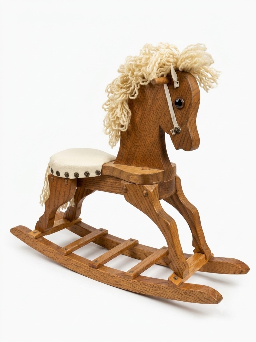 Vintage Wooden Doll Size Rocking Horse Cream Vinyl Seat Yarn Mane Nursery Decor